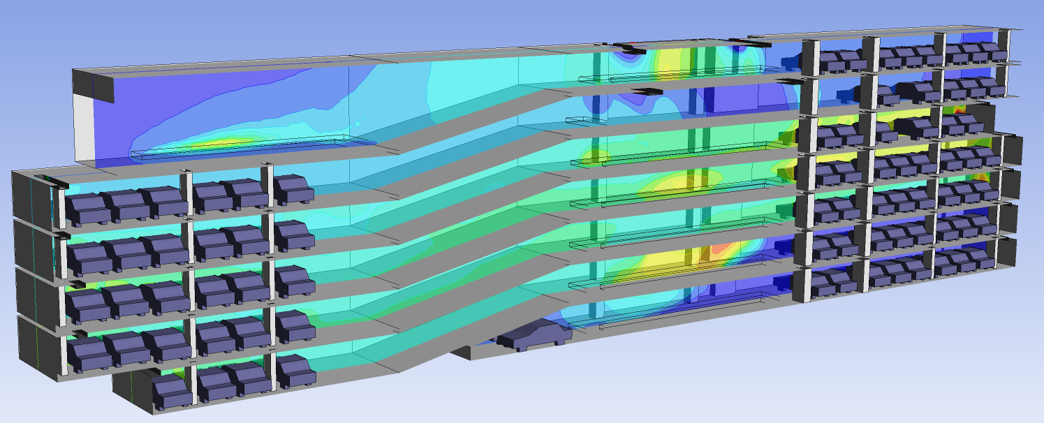 Cross-section of a car park showing the ventilation of carbon monoxide
