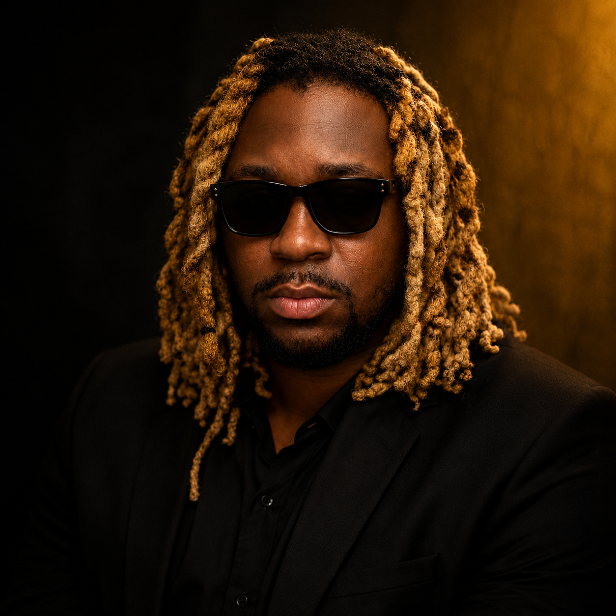 A man with blonde dreadlocks, wearing black sunglasses and a black suit, posing in front of a dark background with golden light on the right.