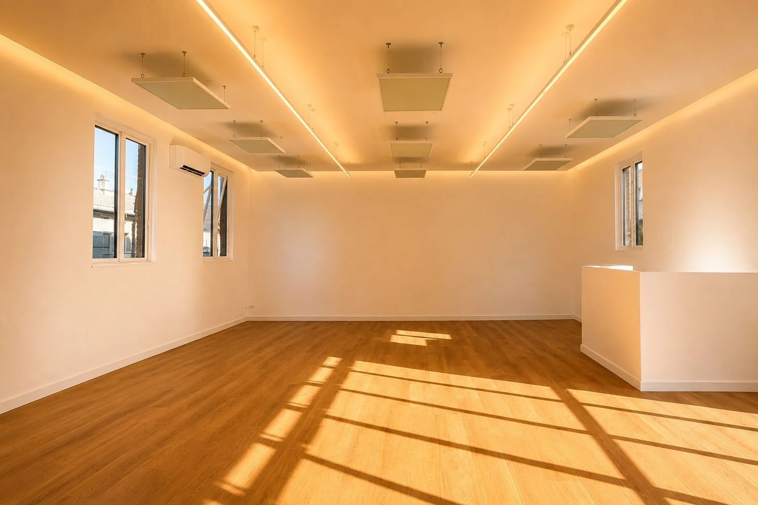 Light-filled yoga studio at Flow Republic featuring timber floors, infrared heating panels, soft ambient lighting and a spacious practice environment.