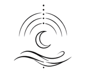 Breathwork, Yin and Sound Bath class icon featuring a crescent moon, flowing lines and radiating sound waves, symbolising breathwork, restorative Yin yoga, meditation, nervous system regulation and immersive sound healing at Flow Republic.