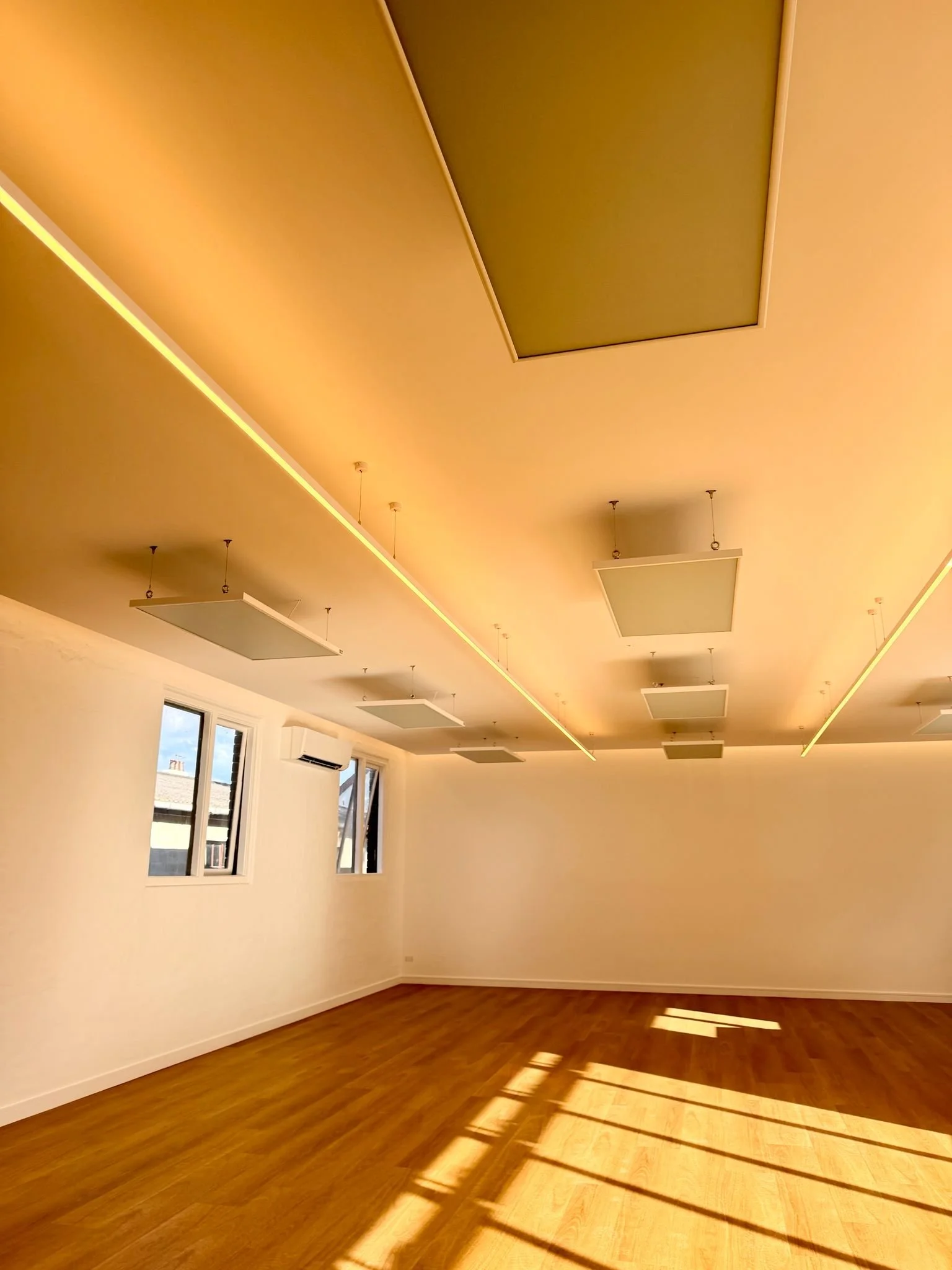 Bright, modern yoga studio at Flow Republic in Rozelle with warm timber floors and natural light, opening soon for yoga, meditation, breathwork, wellness and sound.