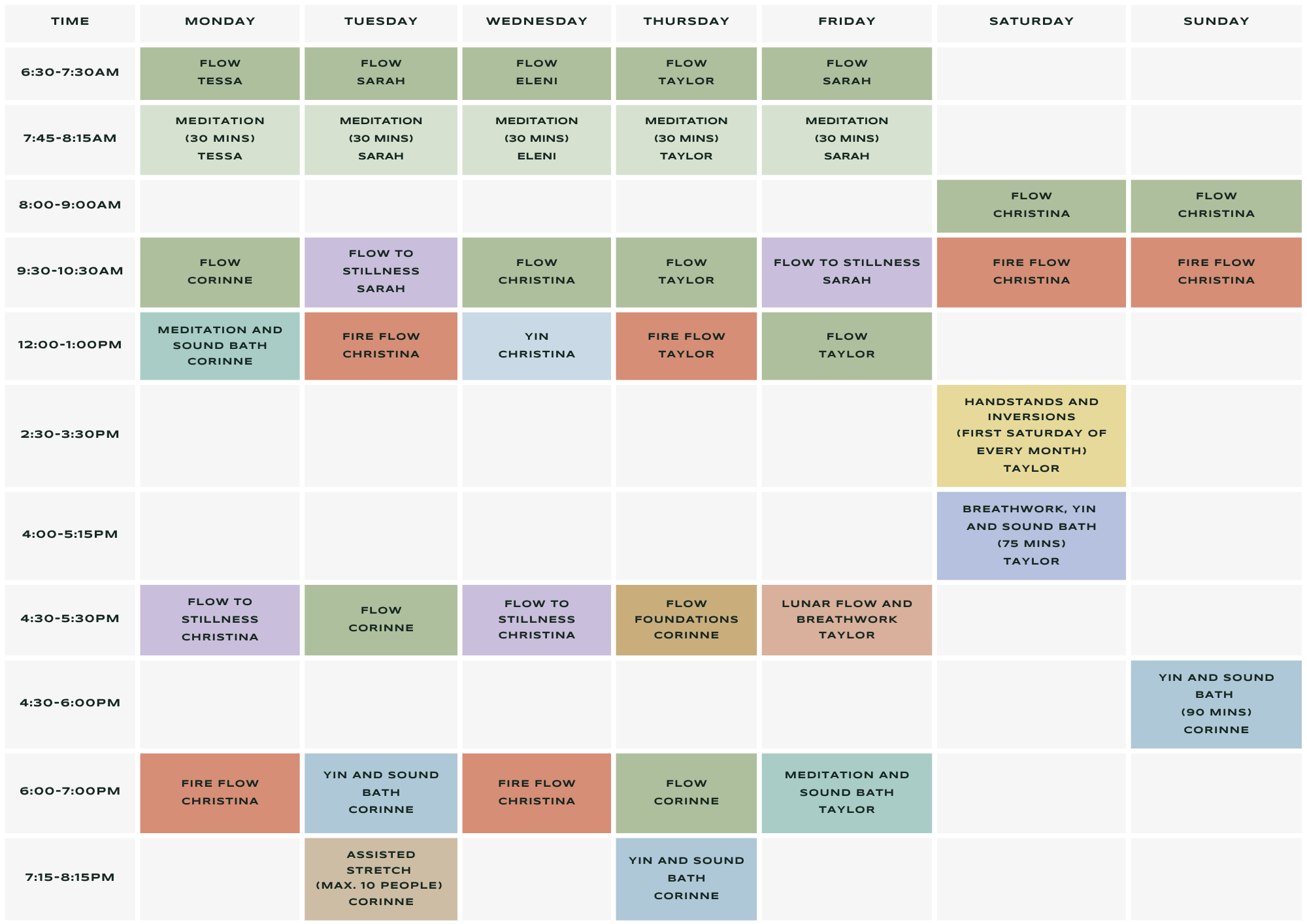Weekly Flow Republic class timetable showing yoga, meditation, breathwork and sound bath classes across Monday to Sunday, including Flow, Fire Flow, Lunar Flow,  Yin, Flow to Stillness, Meditation, Assisted Stretch and specialty workshops.