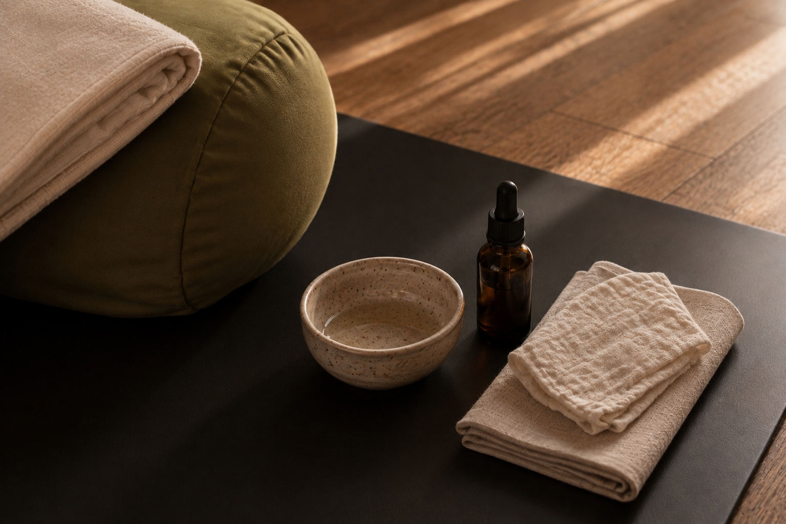 Yoga props set alongside skin care products, symbolising both movement and wellness, at the core of Restore Retreat held by Flow Republic, Rozelle.