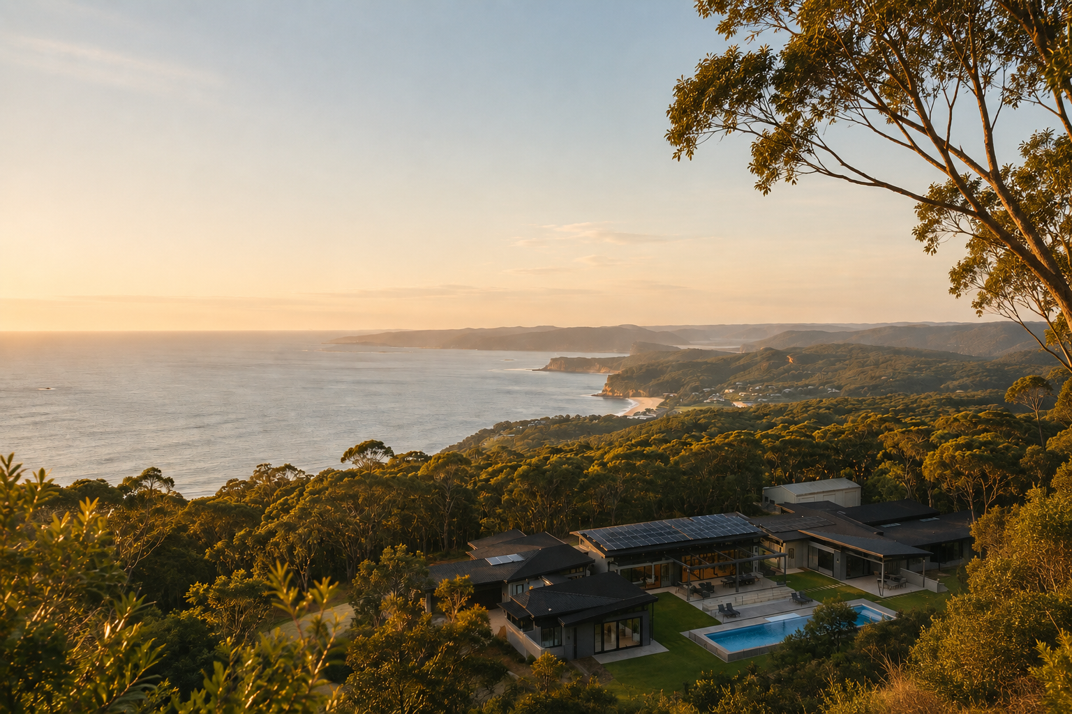 Aerial view of Flow Republic's Coastal Calm retreat at Launa, with swimming pool on hillside overlooking ocean at sunset, surrounded by trees and coastal landscape.