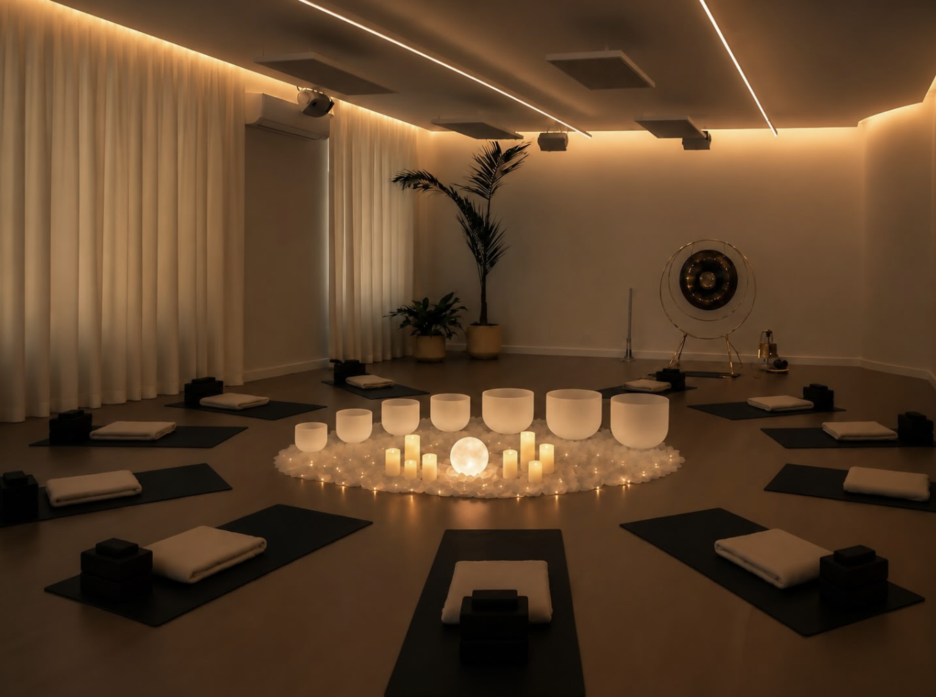 Flow Republic studio set up for the Full Moon Gathering special event, with yoga mats, singing bowls, candles and a glowing moon centrepiece.