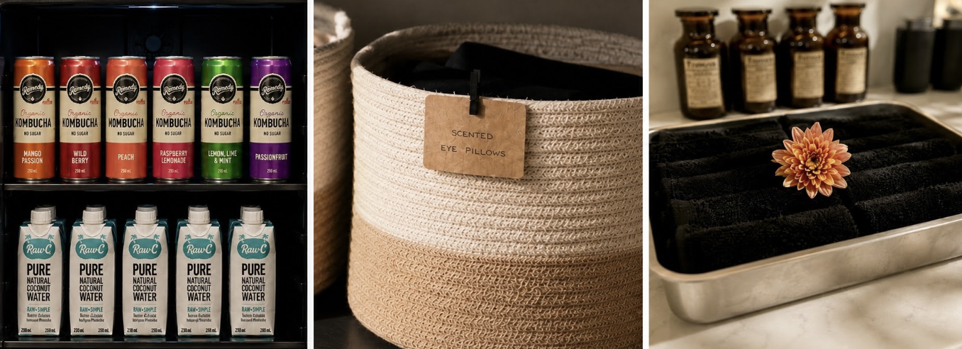 Amenities available for use at Flow Republic including herbal teas, complimentary drinks, aromatherapy cold towels and skin care products for use in studio.