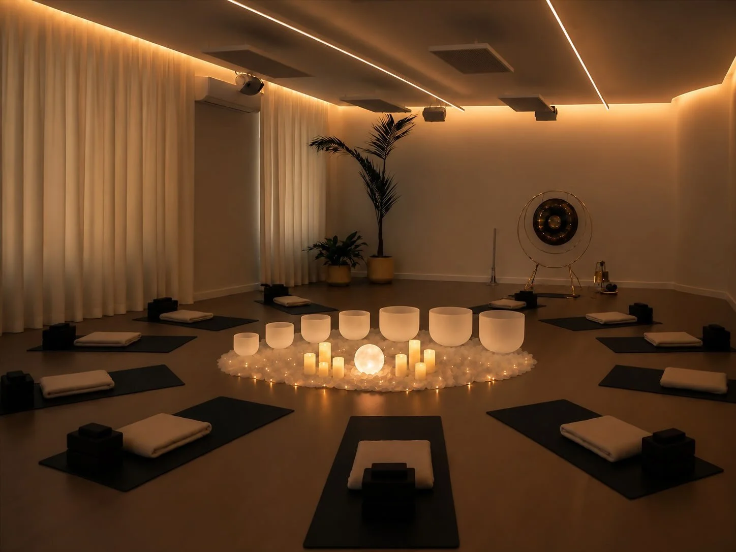 Flow Republic studio set up for the Full Moon Gathering special event, with yoga mats, singing bowls, candles and a glowing moon centrepiece.