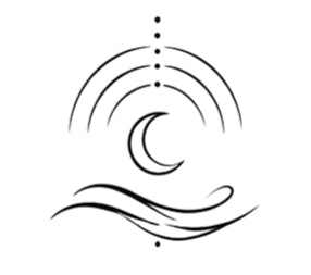 Breathwork, Yin and Sound Bath class icon featuring a crescent moon, flowing lines and radiating sound waves, symbolising breathwork, restorative Yin yoga, meditation, nervous system regulation and immersive sound healing at Flow Republic.