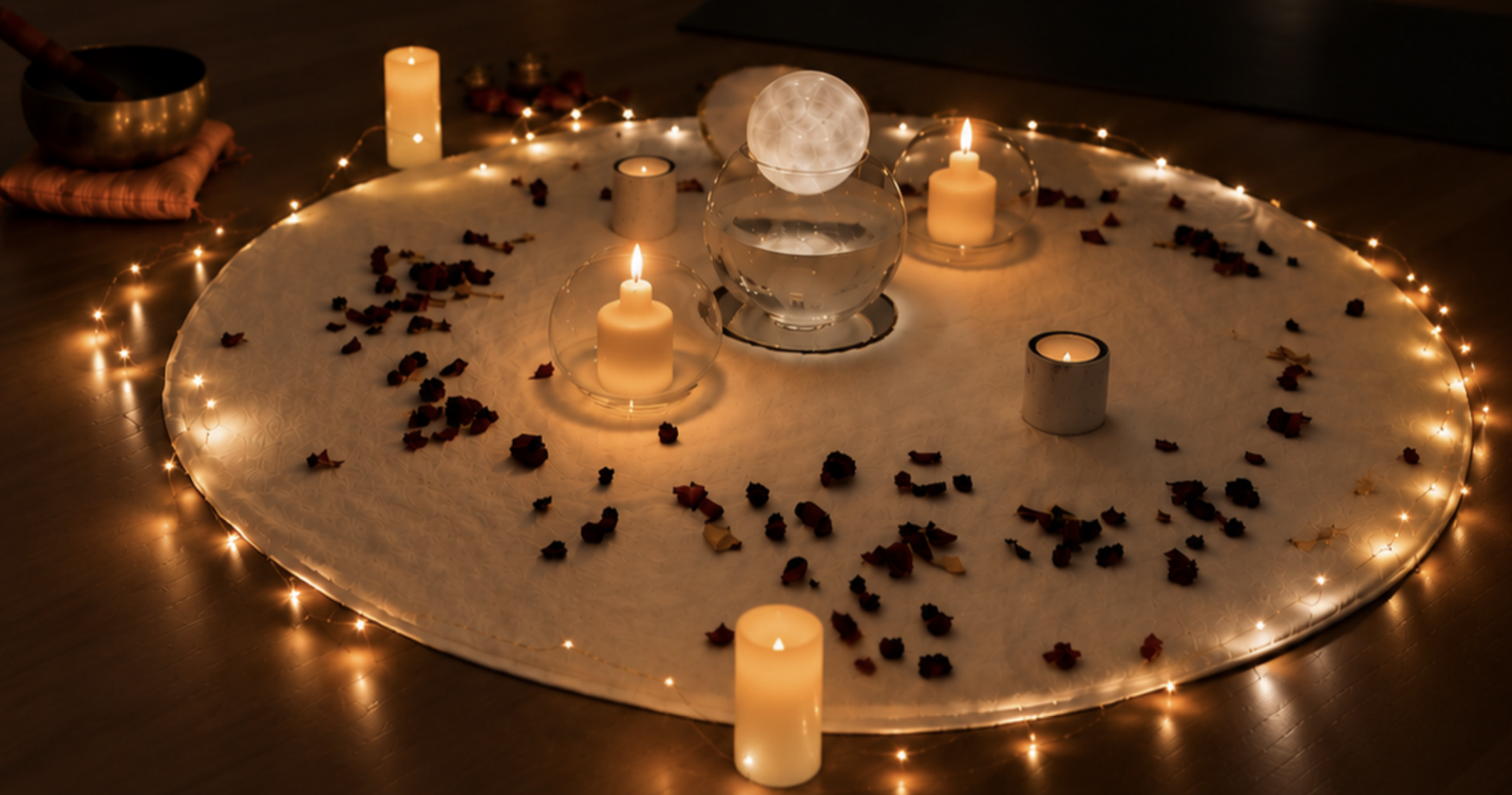 Flow Republic studio set up for the Full Moon Gathering special event, with yoga mats, singing bowls, candles and a glowing moon centrepiece.