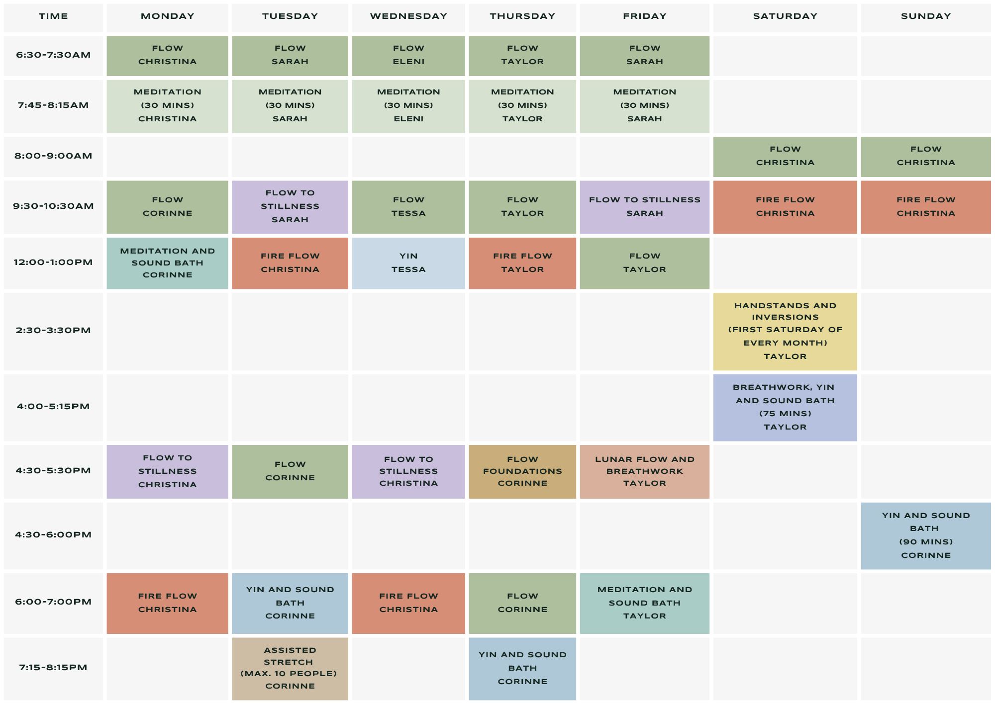 Weekly Flow Republic class timetable showing yoga, meditation, breathwork and sound bath classes across Monday to Sunday, including Flow, Fire Flow, Yin, Flow to Stillness, Meditation, Assisted Stretch and specialty workshops.