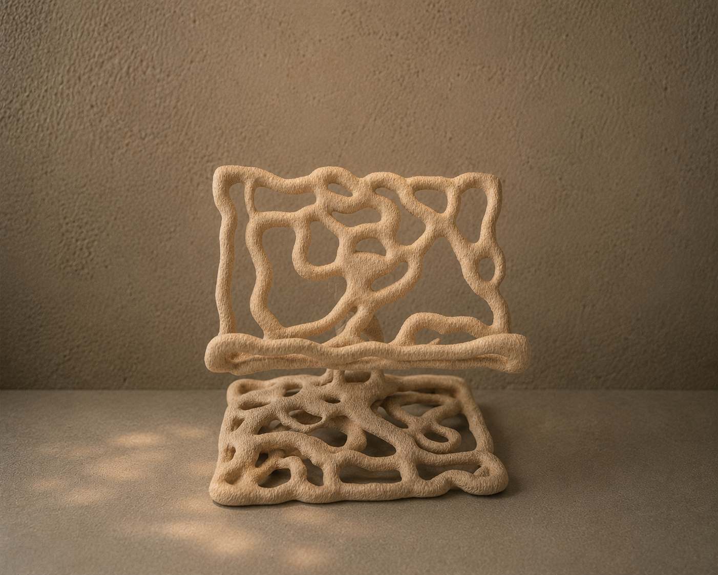 An abstract sculpture made of interconnected, textured, beige-colored loops, positioned on a flat surface with a plain background.