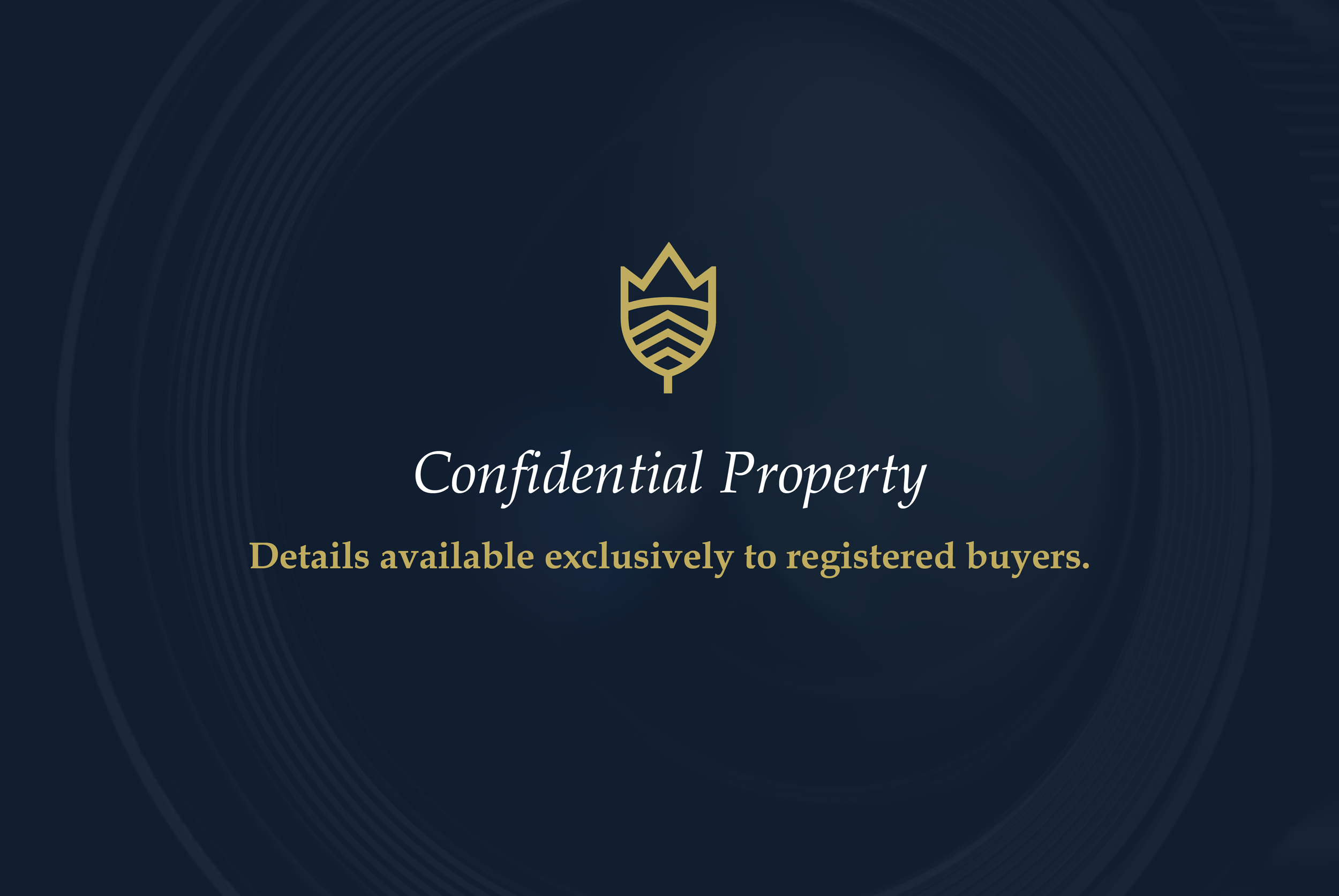 A dark blue background with a golden emblem of a shield topped with a crown and the text 'Confidential Property' and 'Details available exclusively to registered buyers'.