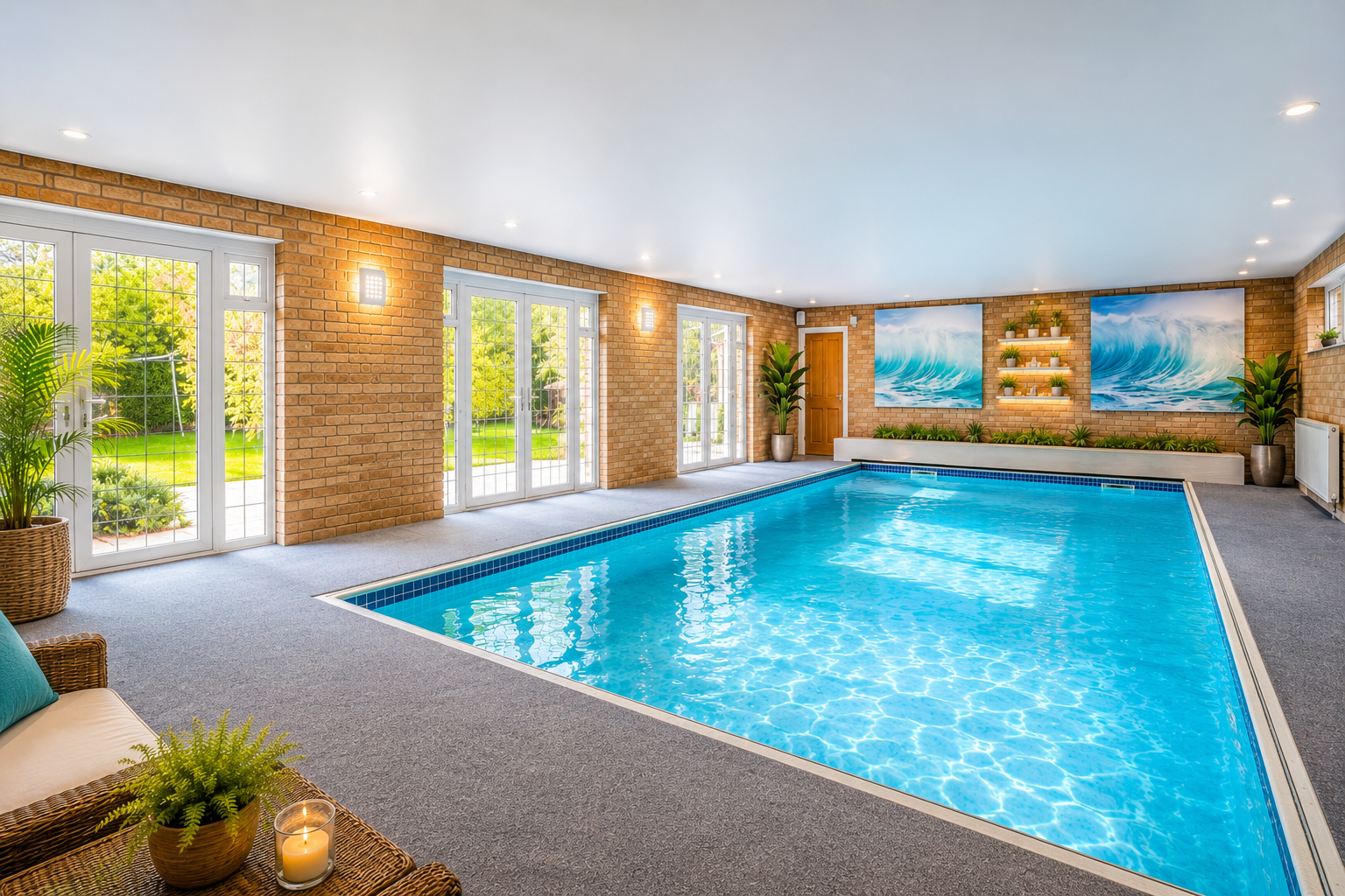 Indoor swimming pool with a blue tiled edges, surrounded by grey carpeted flooring, large brick walls, and glass doors leading outside. Decor includes large potted plants, wall art of ocean waves, and shelves with small potted plants. Natural light c