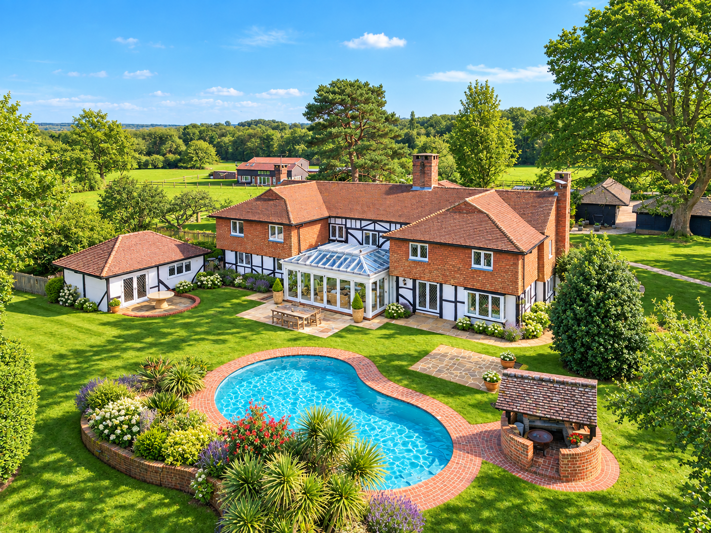 Aerial view of a large house with a swimming pool in a lush green yard, surrounded by trees and smaller outbuildings.