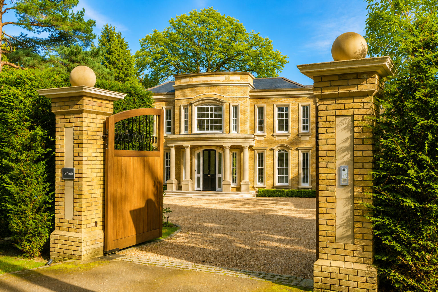 A large, elegant yellow brick mansion with a curved balcony and tall white framed windows, surrounded by green trees and shrubbery, seen through a brick gate with a wooden door.