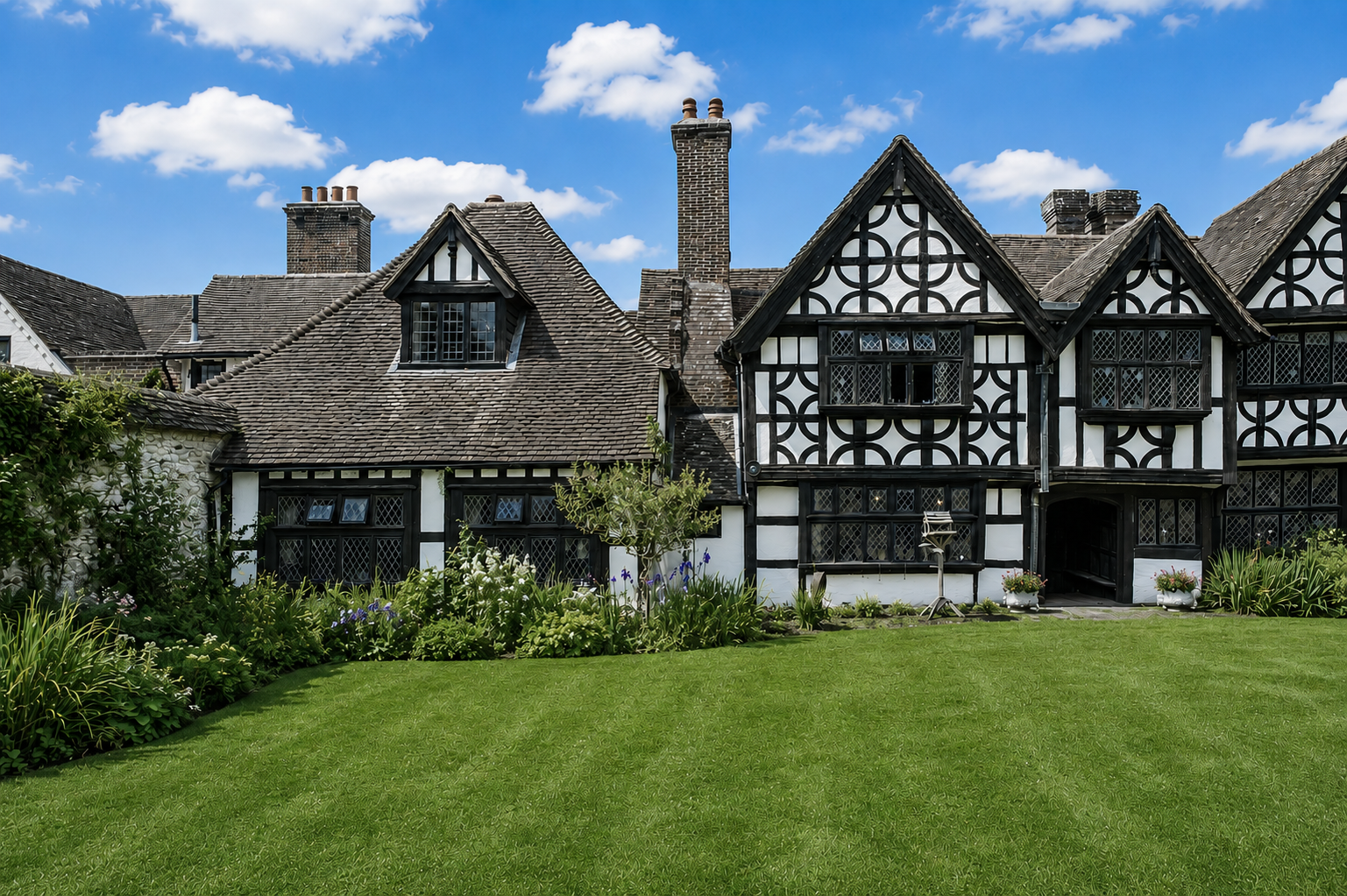 Traditional Tudor-style house with white walls and dark wood trim, surrounded by a lush green lawn and garden, under a partly cloudy sky.