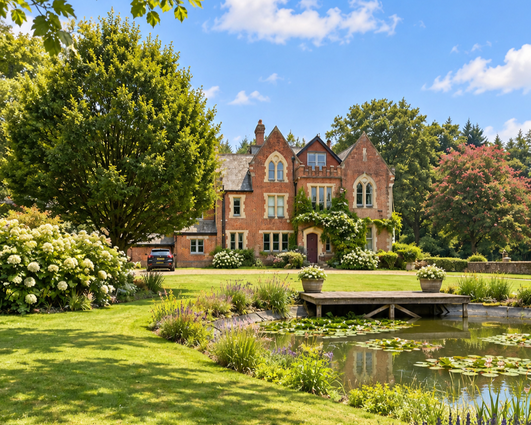 A scenic garden with a pond filled with water lilies, surrounded by colorful flowers, a large tree, a green lawn, and a red brick mansion in the background under a blue sky.