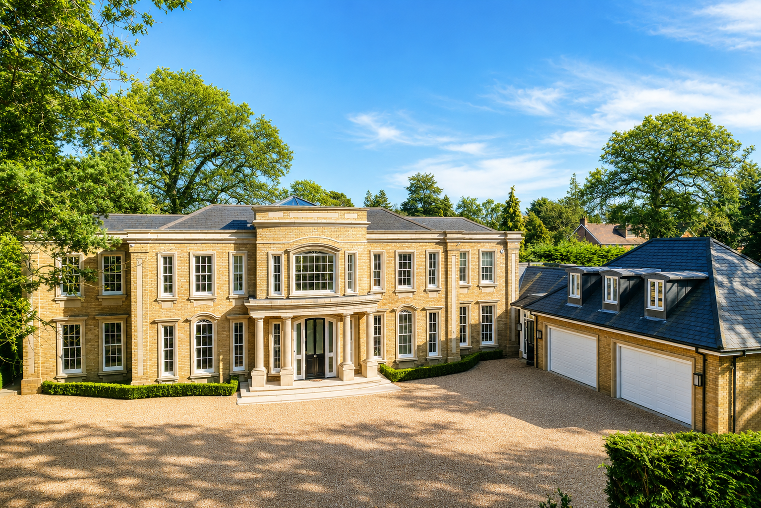 Front view of a large, elegant brick house with multiple windows and a driveway, surrounded by tall trees and greenery on a bright, sunny day.