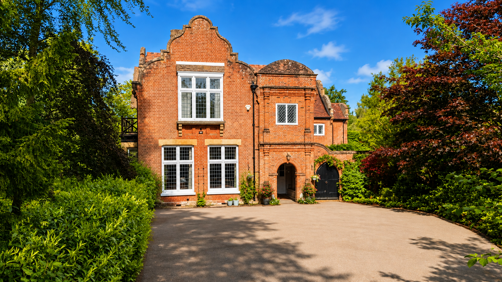 A red brick house with white-framed windows and a decorative gabled roof, surrounded by green trees and bushes on a sunny day.