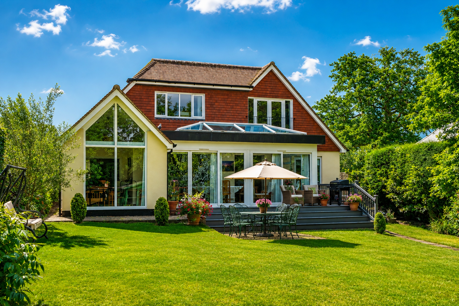 A large house with a modern sunroom and an outdoor patio with table, chairs, and umbrella, surrounded by green lawn and trees.