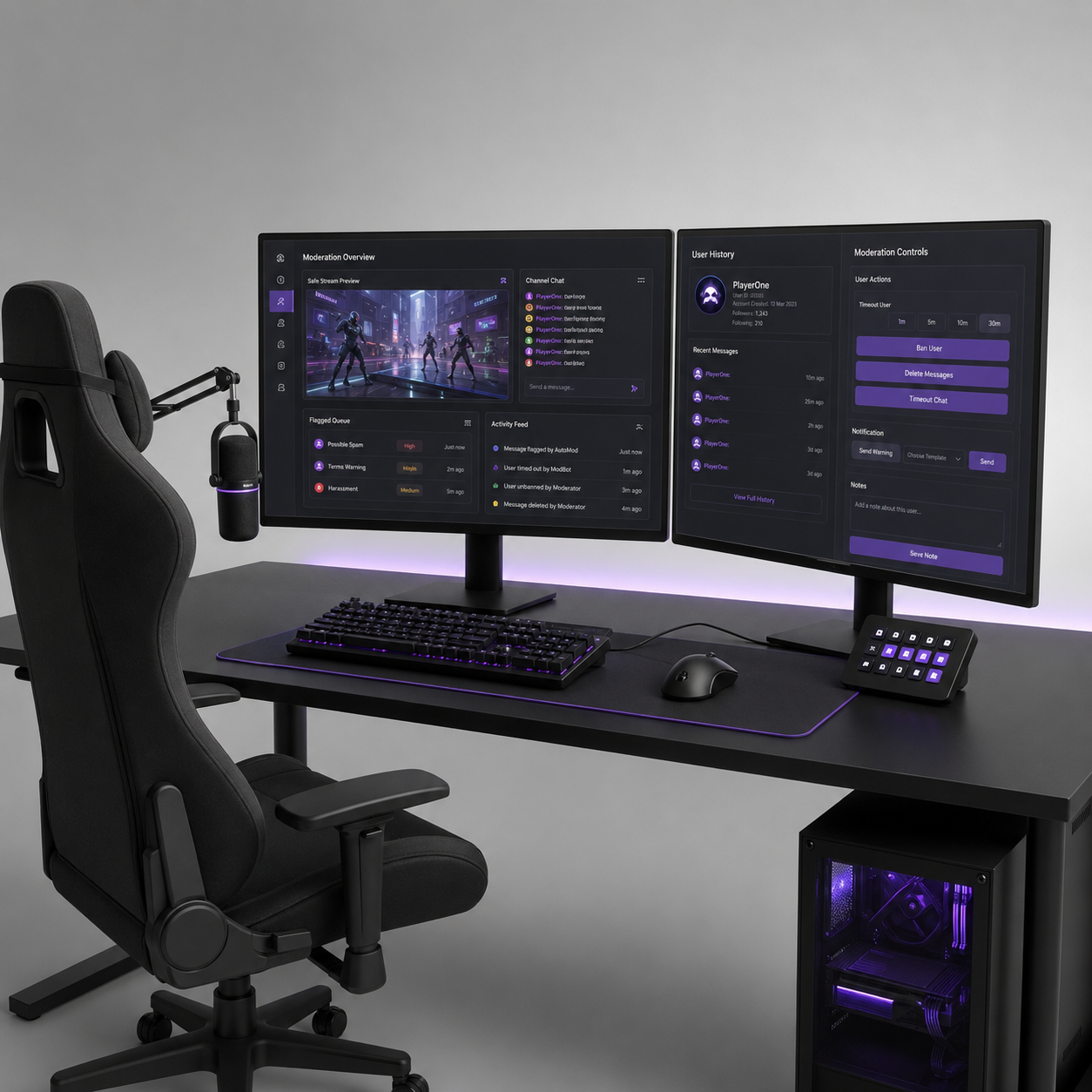 Modern gaming setup with dual monitors displaying a chat and moderation interface, gaming chair, microphone, keyboard, mouse, and a gaming PC with purple LED lighting.