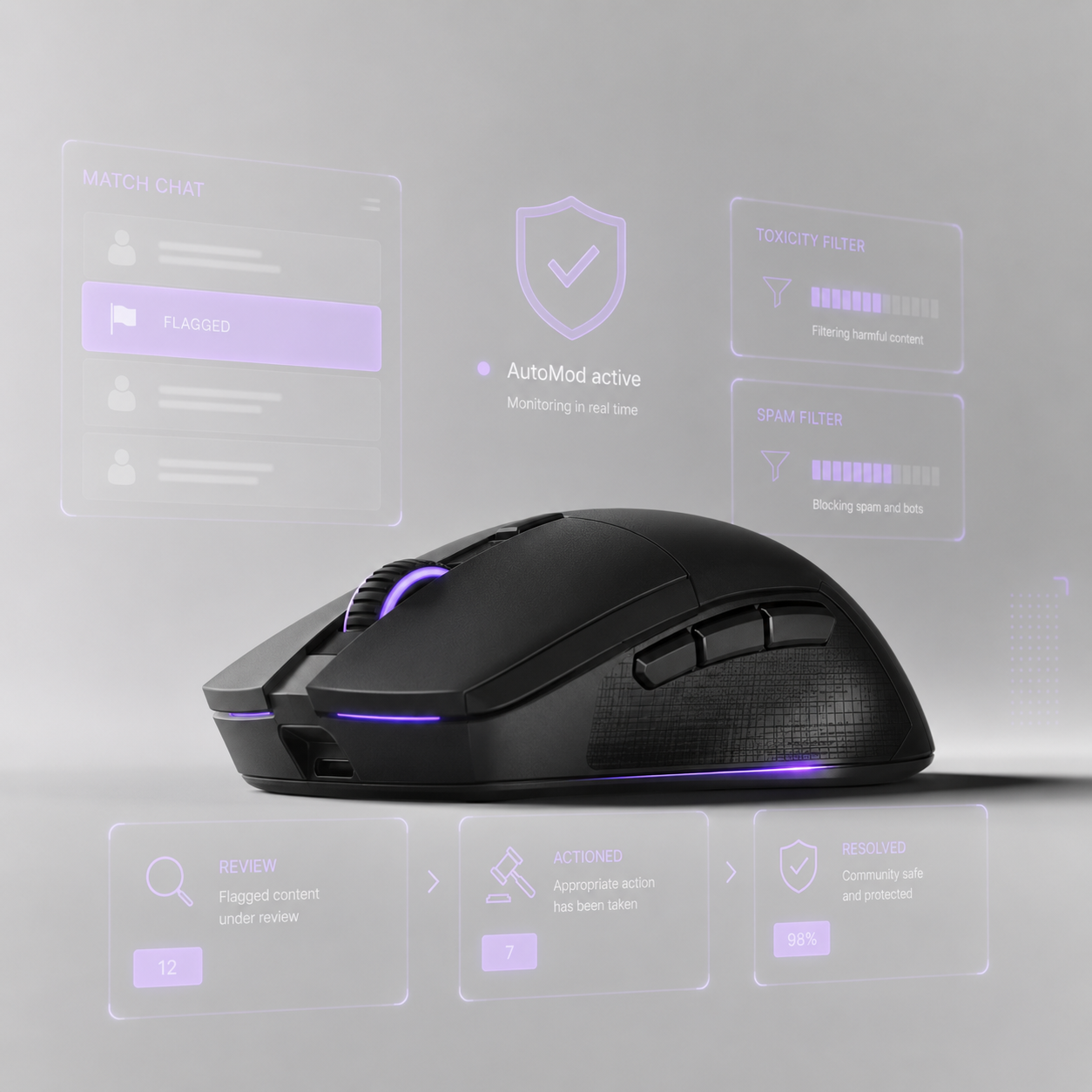 A black computer mouse with purple LED accents, displayed against a transparent interface with holographic style data overlays and icons related to monitoring, filtering, and content moderation activities.