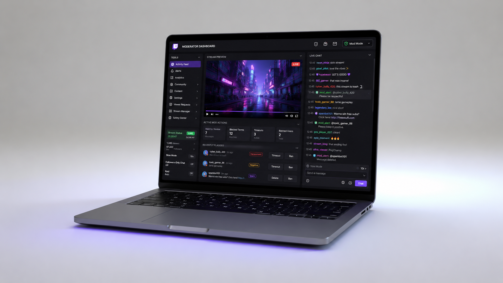 A silver laptop displaying a Twitch streaming moderator dashboard with chat, stream preview, and activity feed against a neutral background.