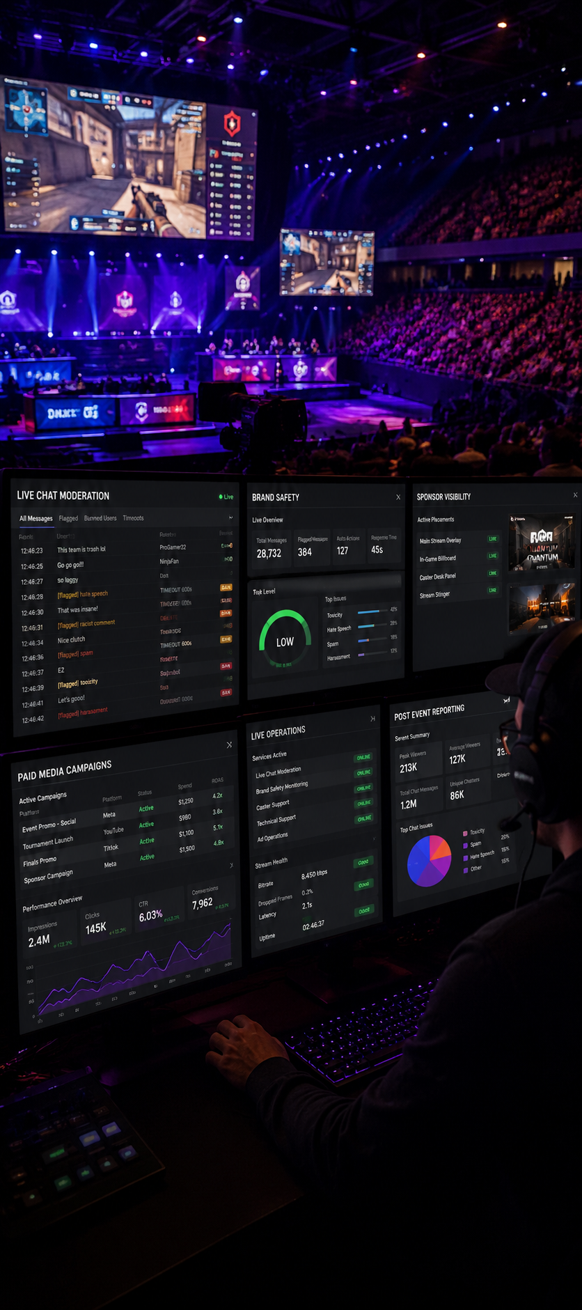 A person with headphones sitting at a control station with multiple monitors displaying live eSports tournament statistics and game video, in a large, dark arena with an audience watching an indoor game match on big screens.