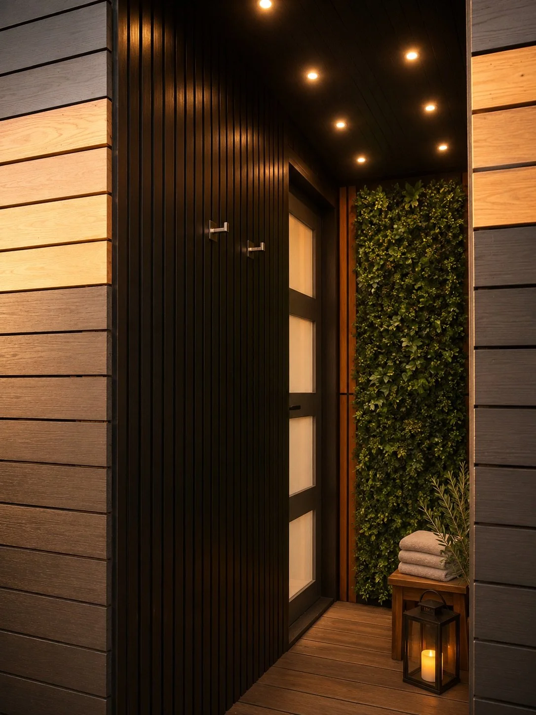 Close-up of the shower entrance with black timber cladding, warm lighting and a green planted wall.