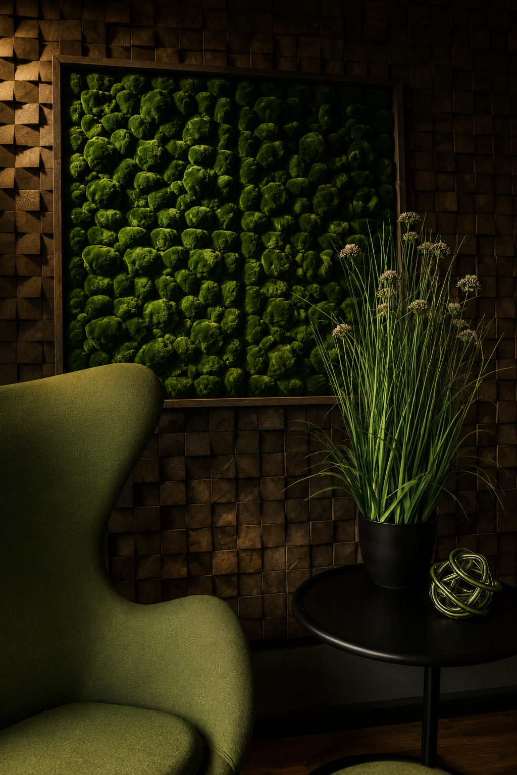 Sculptural green lounge chair beside a planted wall artwork, dark side table and architectural lighting in a moody interior.