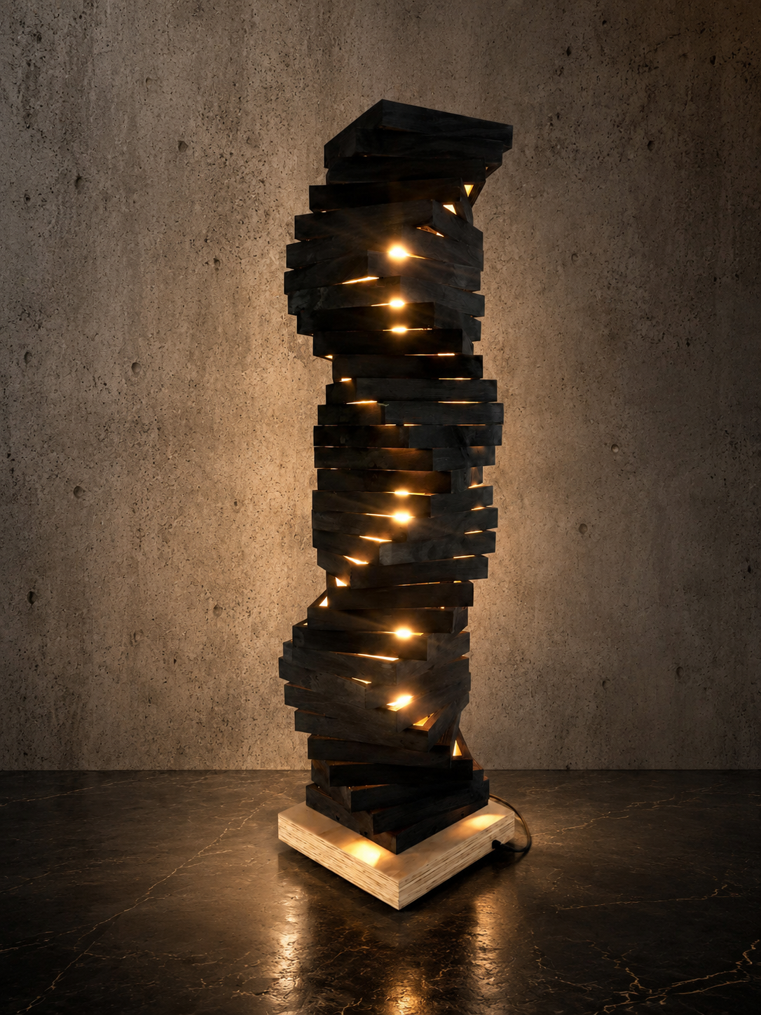 DNA of light architectural light sculpture formed from 32 stacked timber layers, with a warm illuminated core against raw concrete and a polished black marble floor
