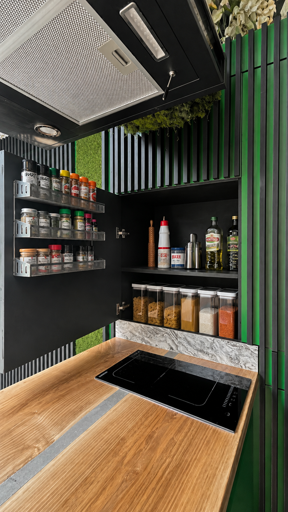 Hidden spice and ingredient storage behind the green slatted K·haus wall beside the induction hob.