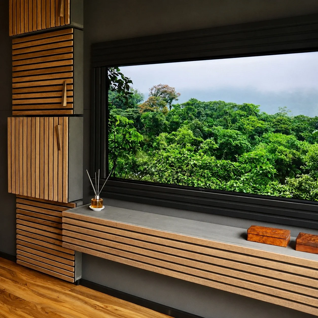 Integrated timber cabinetry and television inside NOCTURNE, with horizontal slatted detailing and views across the surrounding landscape.