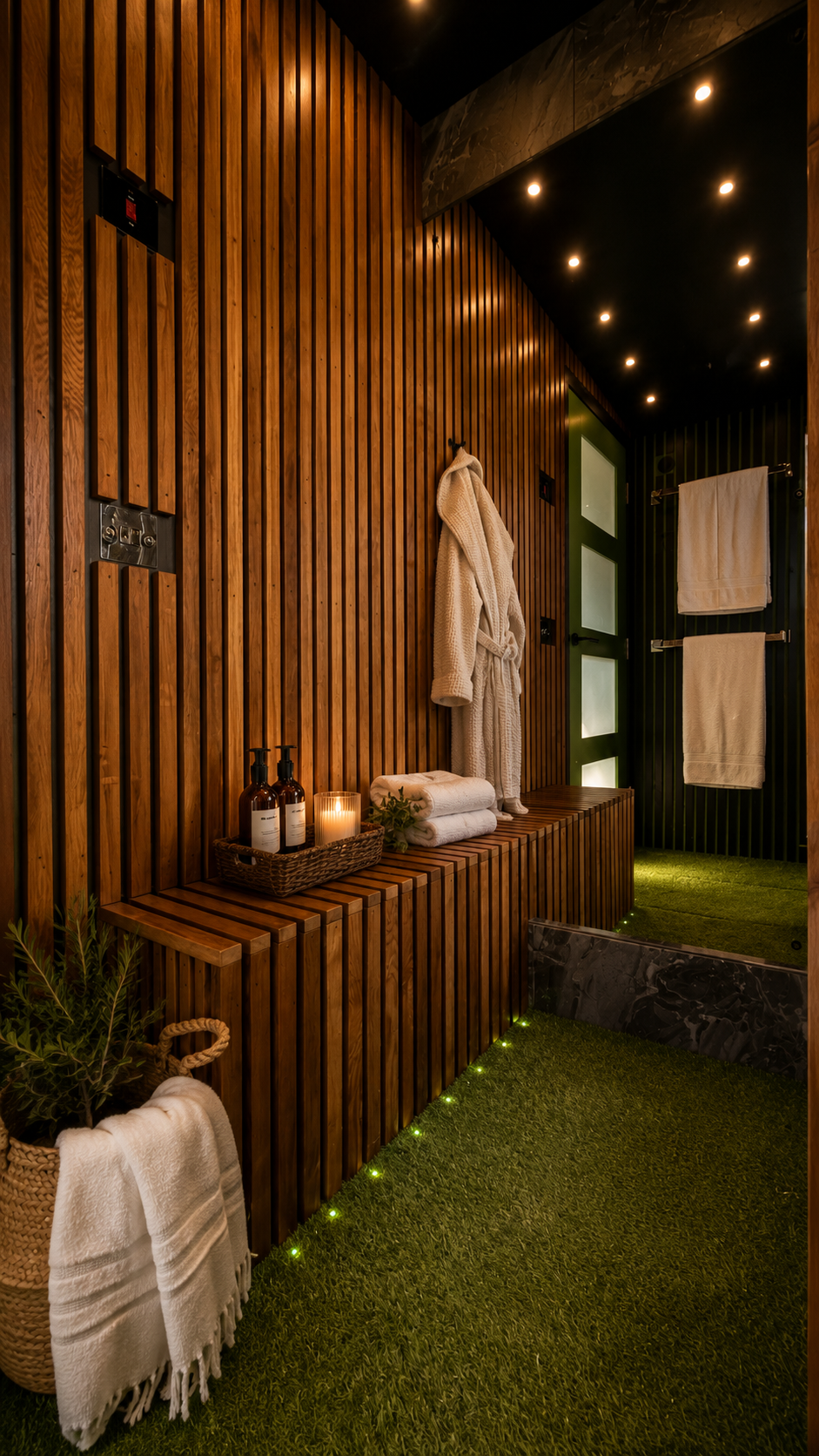 PLUVIA cedar changing area with built-in bench, robe hooks and concealed floor lighting