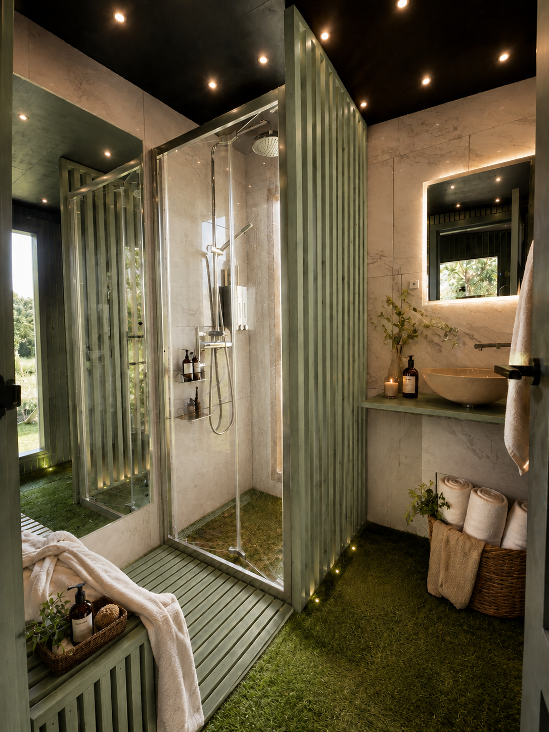 Luxury outdoor shower interior framed by marble, glass and sage green timber cladding