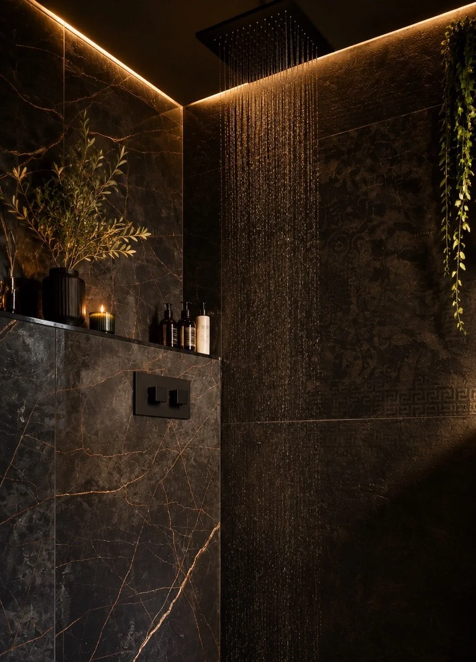 Dark marble walk-in shower inside NOCTURNE with integrated warm lighting, black fittings and a compact architectural layout.