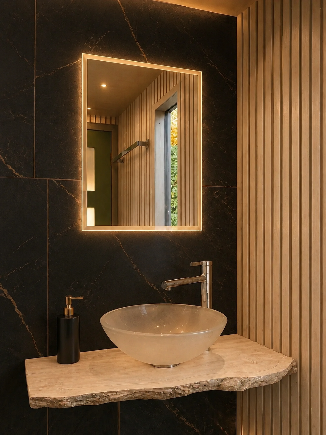 Glass basin on a live-edge timber shelf beneath an illuminated mirror inside the PLUVIA COASTAL outdoor shower room