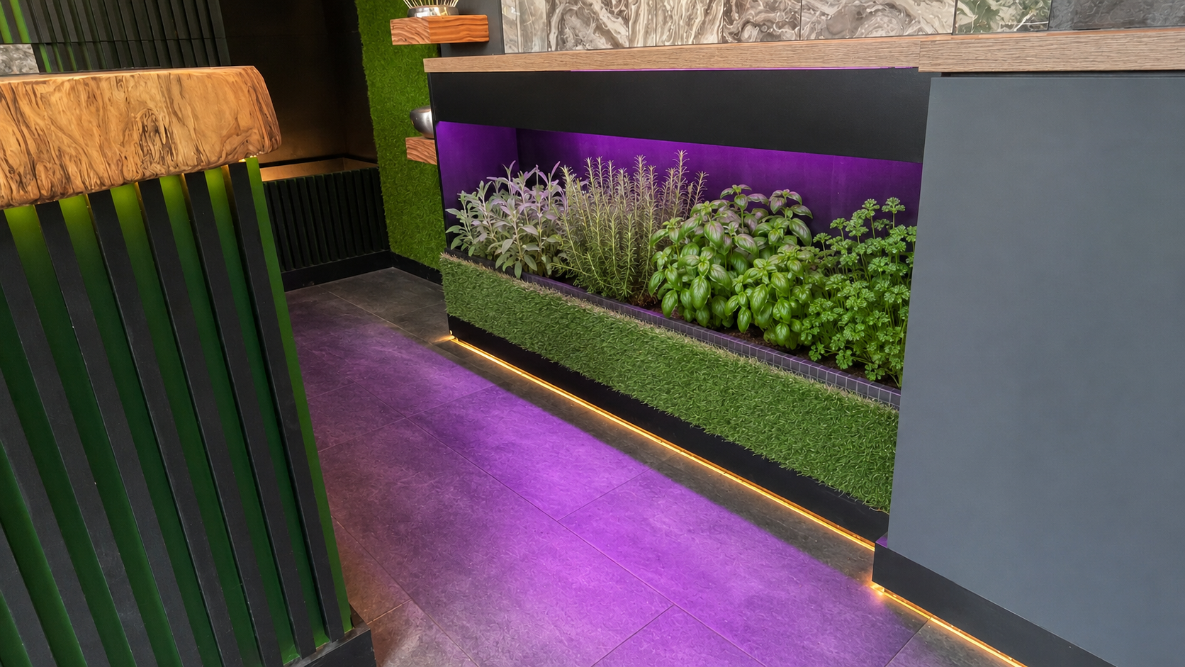 Integrated kitchen herb garden with full-spectrum grow lighting in the K·HAUS interior