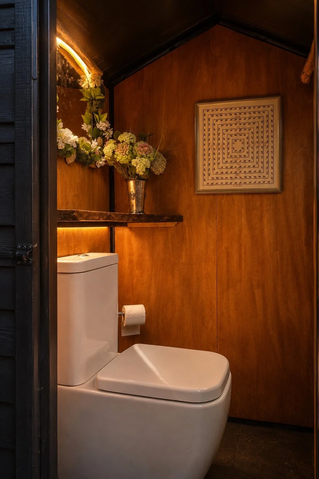 Compact luxury outhouse interior with timber wall panels, modern toilet, framed artwork and warm concealed lighting.