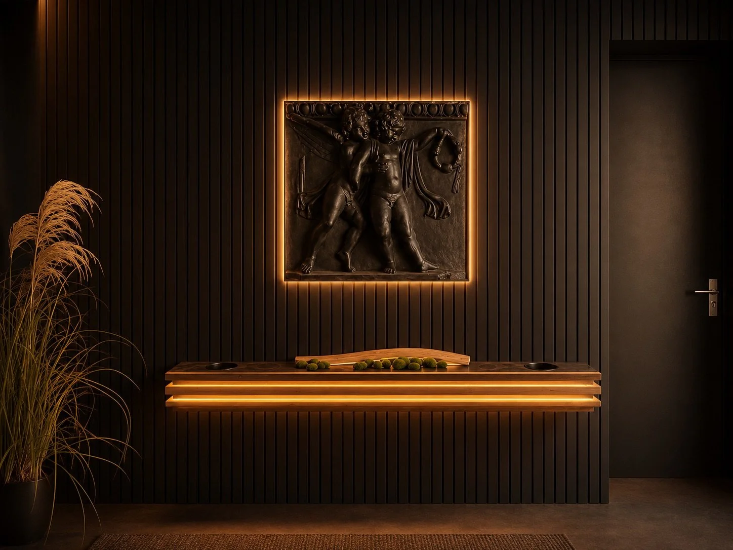 Illuminated sculptural wall relief above a bespoke floating console, set against dark vertical slatted panelling with warm integrated lighting.