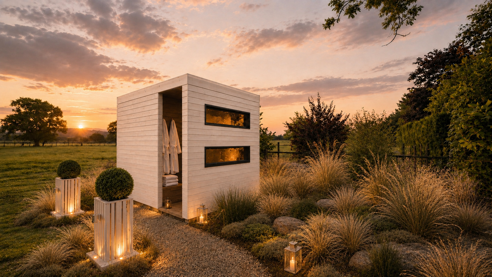 PLUVIA COASTAL bespoke luxury outdoor shower room in warm off-white timber, surrounded by ornamental grasses and architectural lighting at sunset