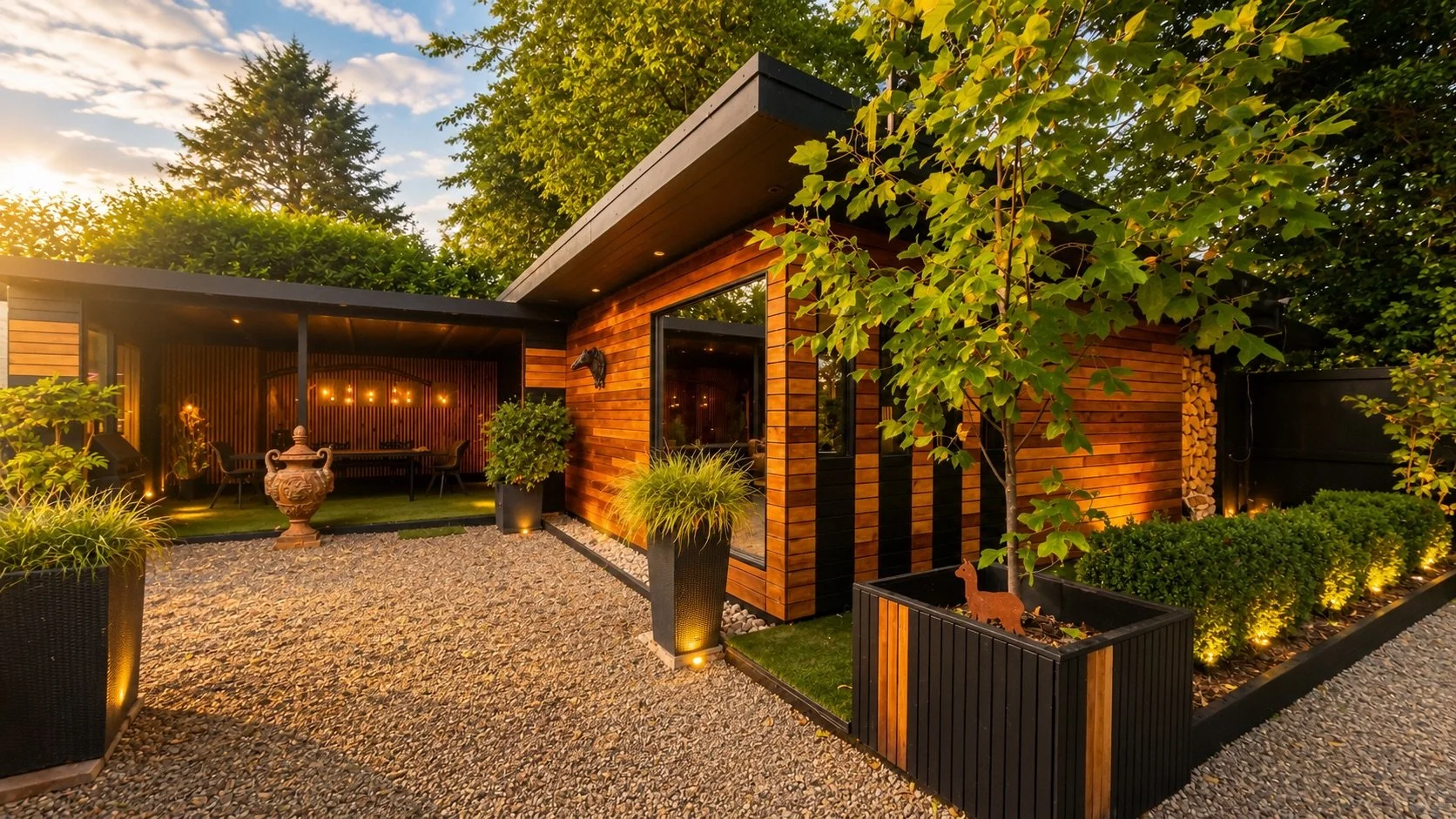 Timber-clad studio cabins arranged around a landscaped gravel courtyard, with mature planting and warm architectural lighting at sunset.