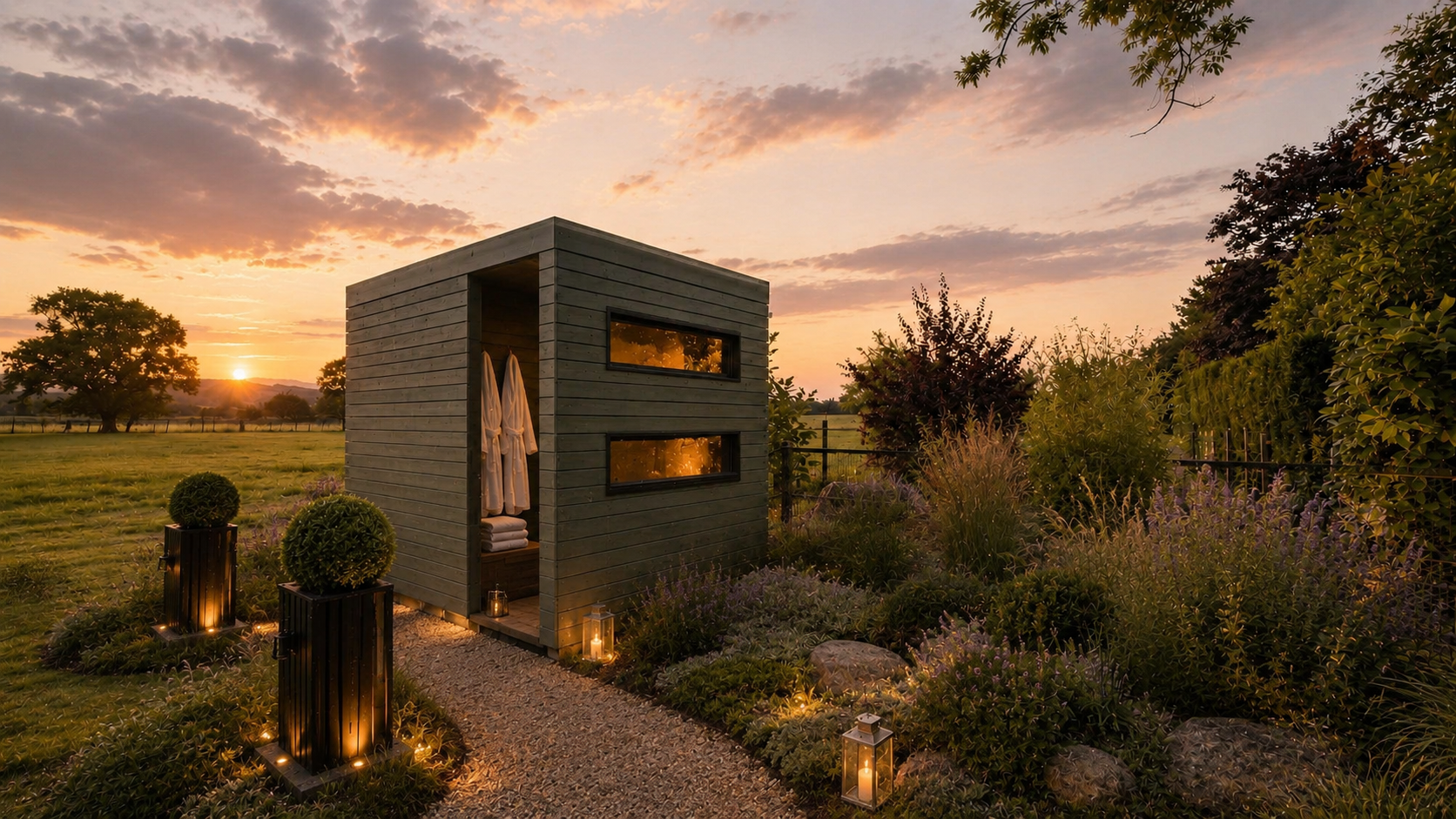 PLUVIA SAGE bespoke luxury outdoor shower room surrounded by landscaped planting and warm architectural lighting at sunset