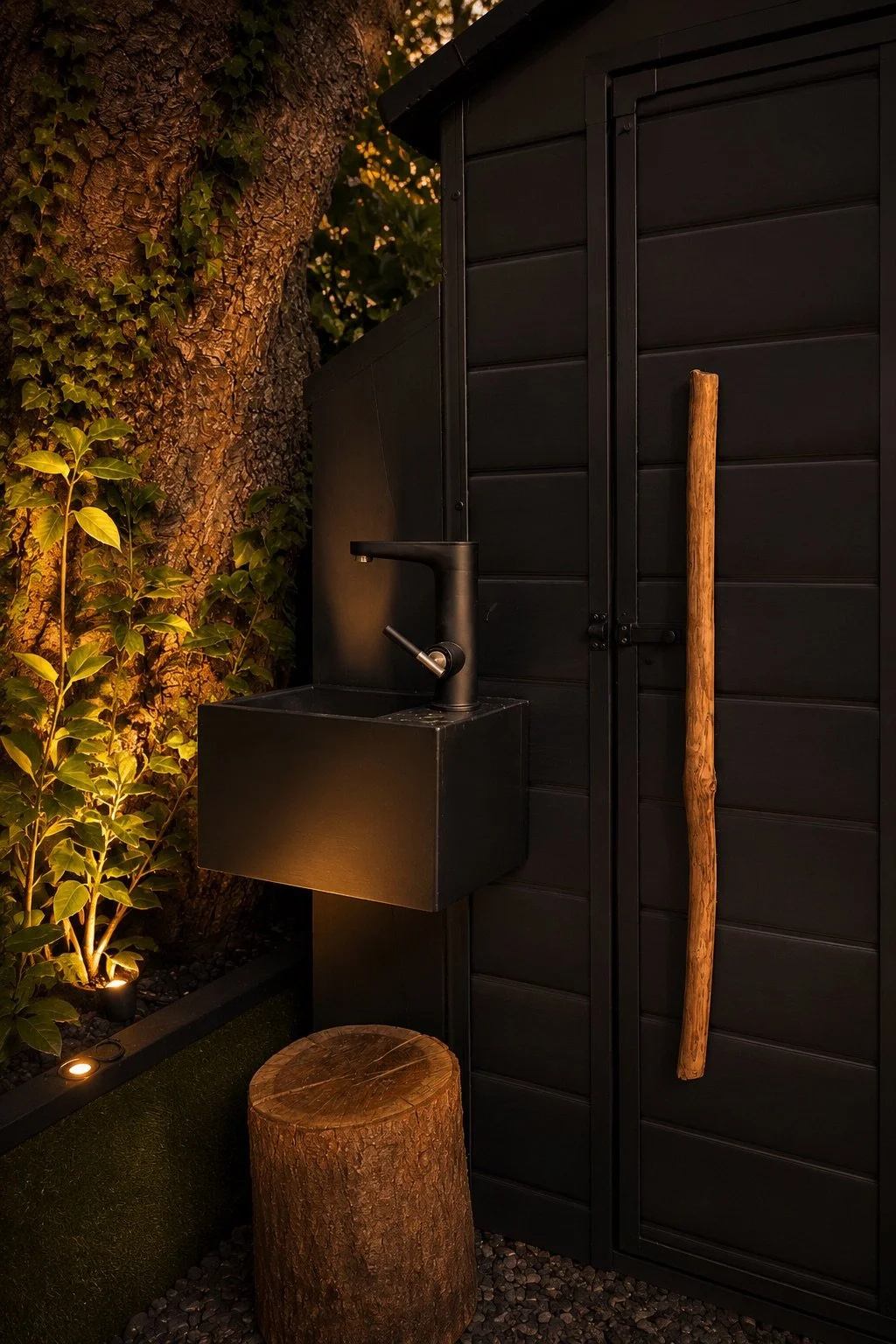 Exterior hand-washing station beside the outhouse entrance, with a black basin, sculptural tap and natural-wood handle.