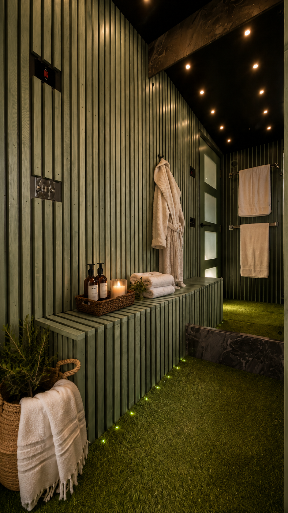 PLUVIA SAGE changing area with integrated seating, concealed heating and warm floor lighting