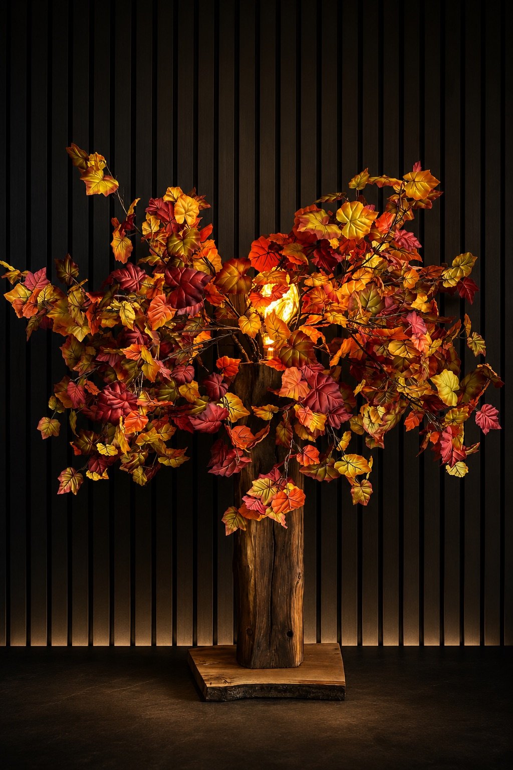 Sculptural light formed from vivid autumn foliage around a concealed oversized bulb, displayed against dark vertical slatted panelling.