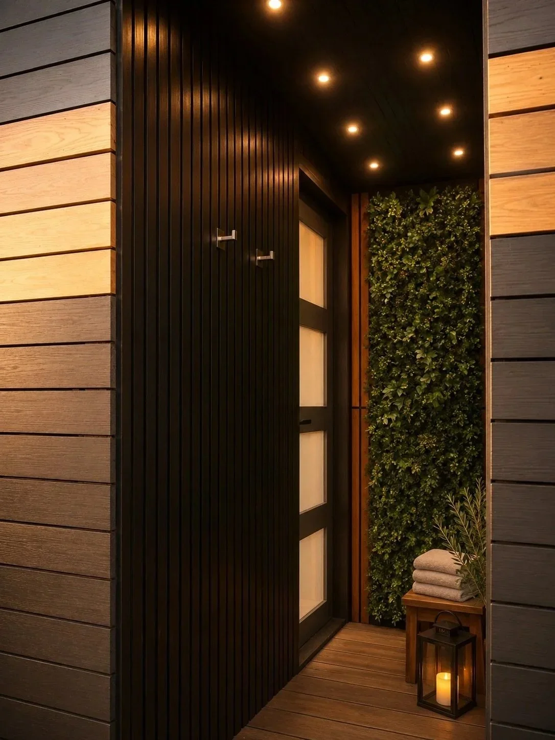 Private entrance to the PLUVIA bespoke outdoor shower room with cedar cladding and a living wall