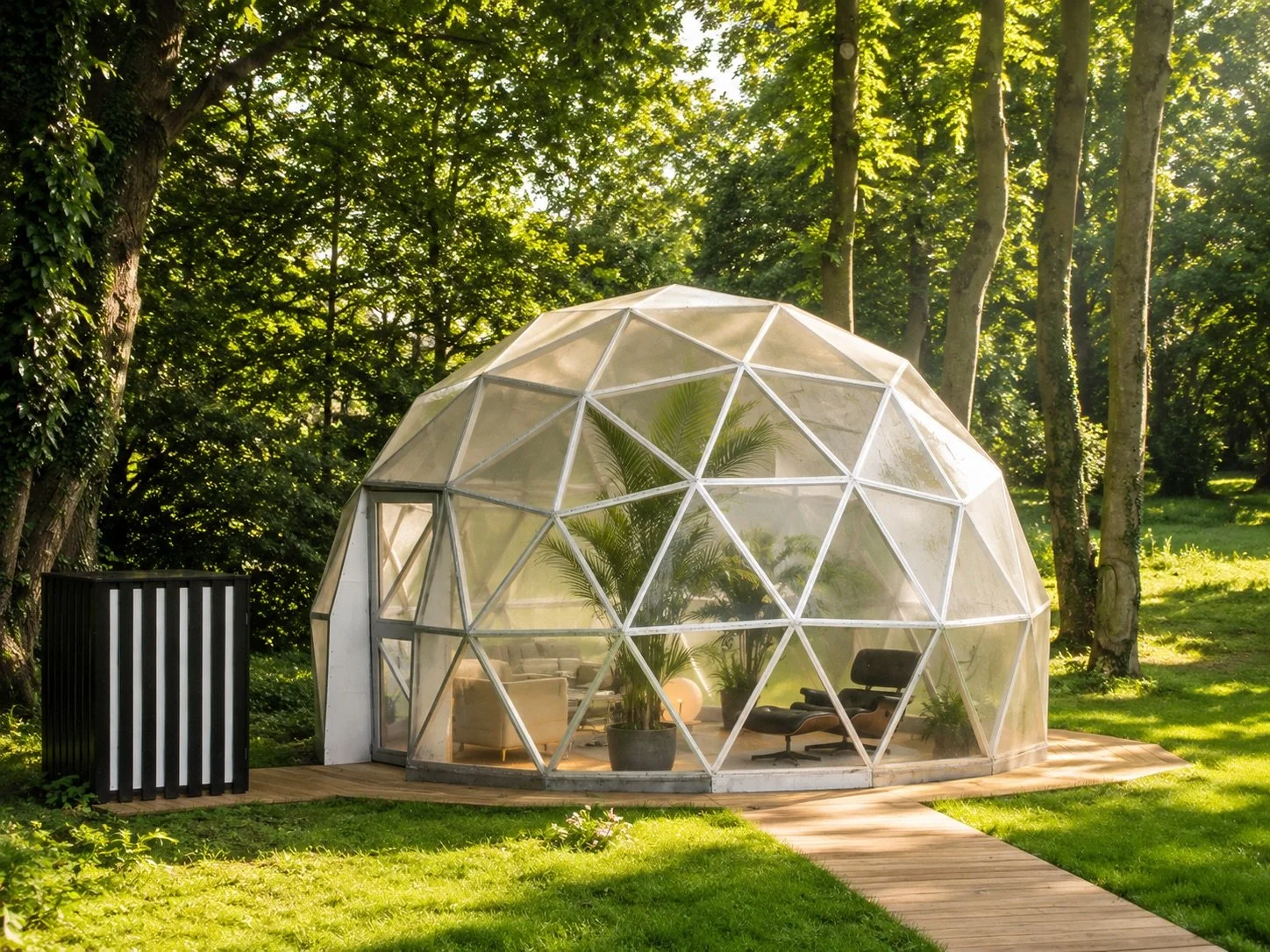 Transparent geodesic dome set among mature woodland, with a timber entrance path and sunlight filtering through the trees.