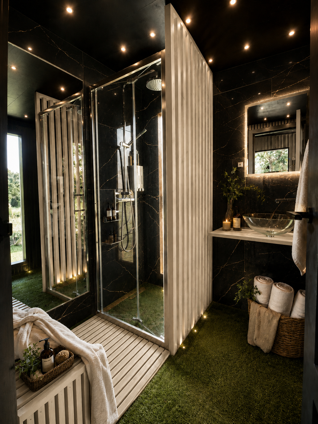 PLUVIA COASTAL rainfall shower framed by black marble, glass and warm off-white timber