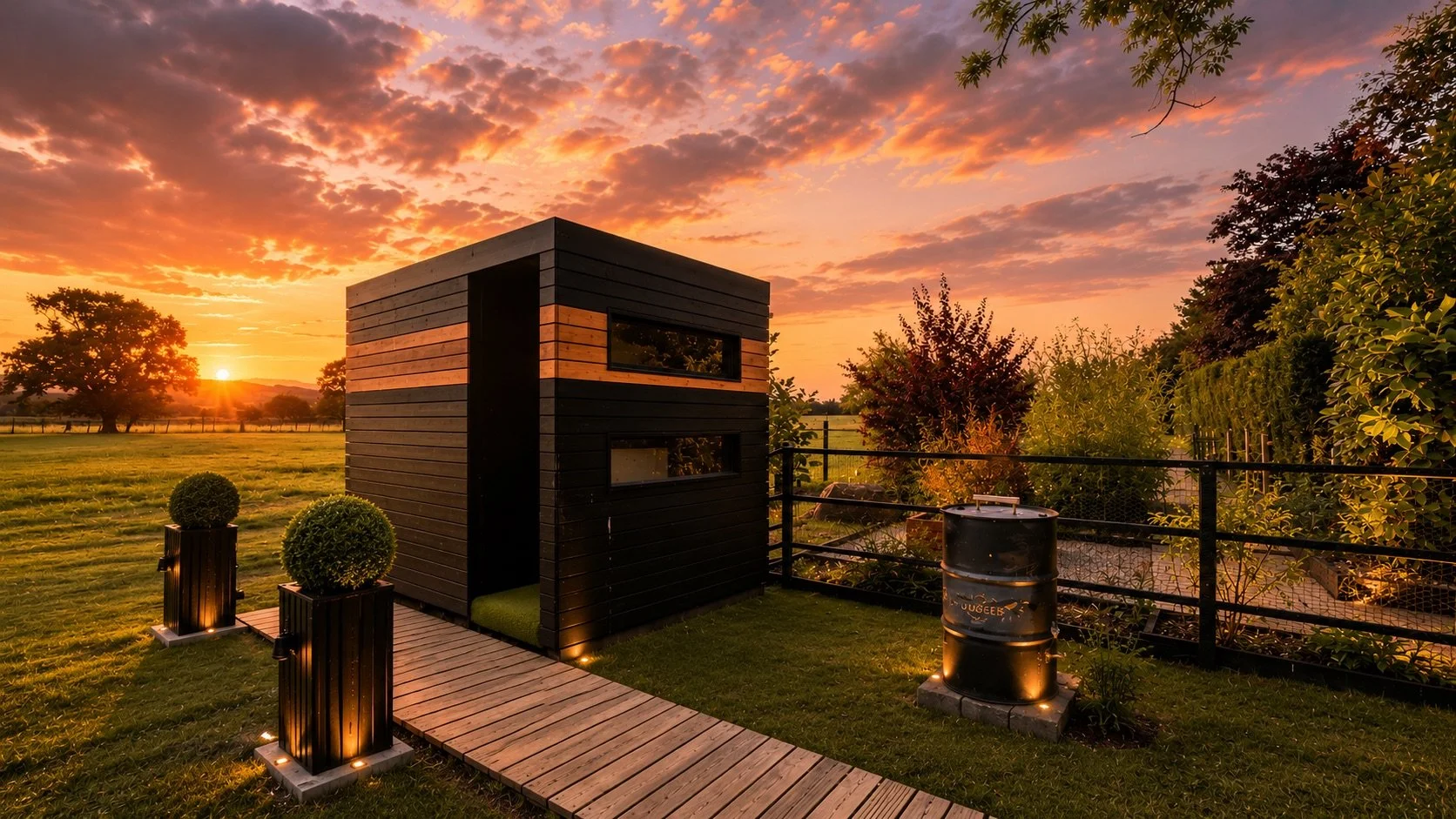 PLUVIA bespoke luxury outdoor shower room in black timber, illuminated at sunset in a Ribble Valley garden